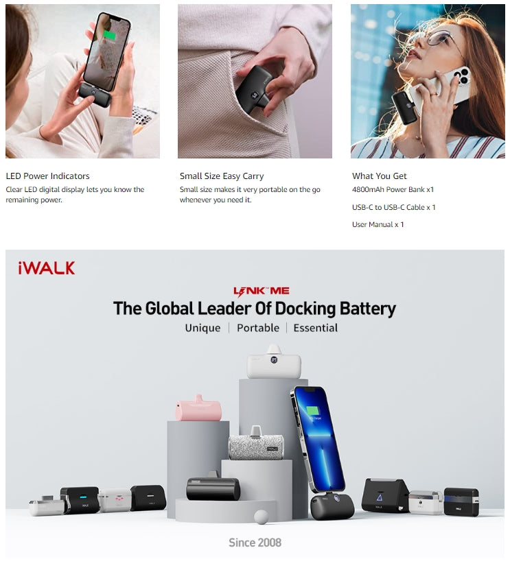 iWalk Linkme Pro Fast Charge 4800 Mah Pocket Battery Lightning Port With Battery Display