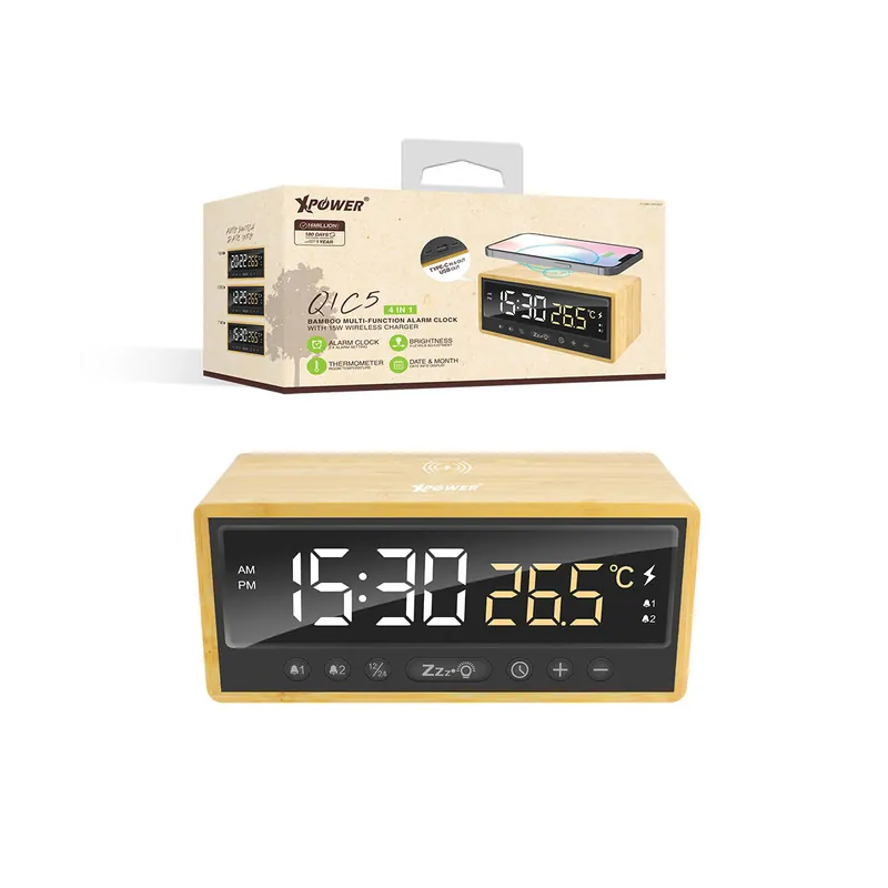 XPower QIC5 4 In 1 Bamboo Alarm Clock With 15W Wireless Charger