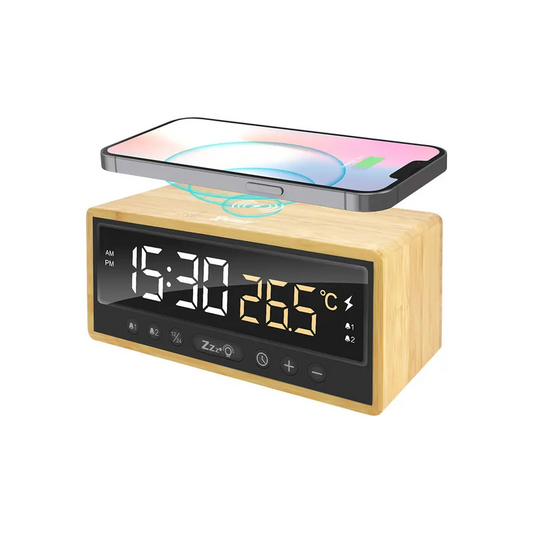 XPower QIC5 4 In 1 Bamboo Alarm Clock With 15W Wireless Charger