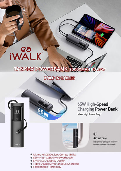 iWalk Tanker Power Bank 20,000 mah 65W With Built In Cables