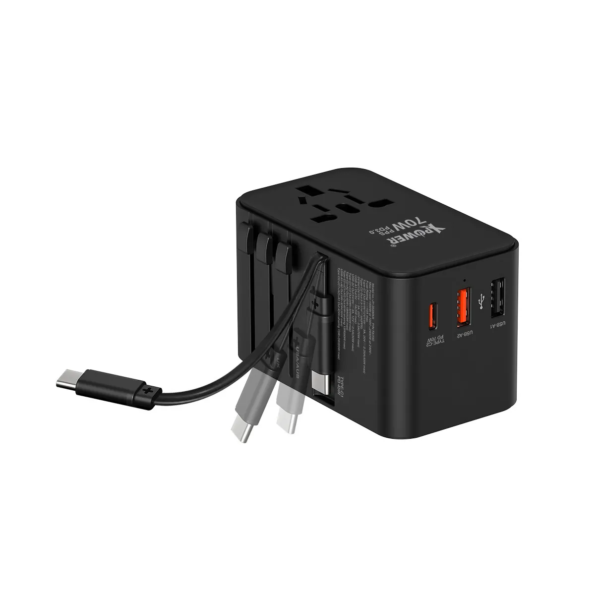 Travel Adaptor With Built-in Cable & 70W GaN Charger Ports